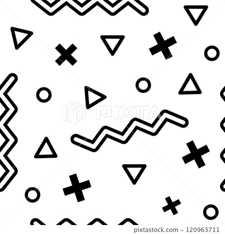 Black geometric shapes including plus signs, triangles, circles and zigzag lines create a dynamic and modern seamless pattern on a white background, evoking a retro 80s or 90s aesthetic 120963711
