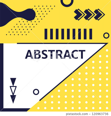 Modern abstract design featuring a vibrant yellow backdrop with geometric shapes, including circles, arrows, and a prominent white frame, creating a dynamic and visually appealing composition 120963736