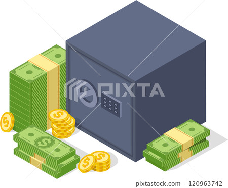 Bundles of dollar banknotes and stacks of golden coins are surrounding a closed steel safe with a digital keypad, suggesting security, savings, and financial safety Bundles of dollar banknotes and stacks of golden coins are surrounding a closed steel safe with a digital keypad, suggesting security, savings, and financial safety 120963742