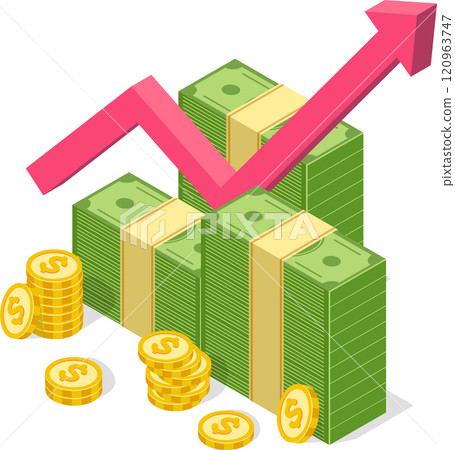 Stacks of green banknotes and gold coins forming an ascending graph with an upward arrow, representing financial growth, investment success, and increasing profits 120963747