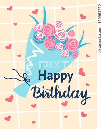 Cheerful happy birthday greeting card features a bouquet of pink and white roses wrapped in light blue paper, adorned with hearts on a grid background, creating a festive and romantic atmosphere Cheerful happy birthday greeting card features a bouquet of pink and white roses wrapped in light blue paper, adorned with hearts on a grid background, creating a festive and romantic atmosphere 120963750