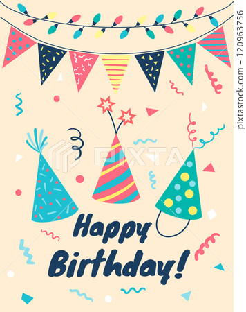 Three vibrant party hats take center stage against a backdrop of festive bunting, twinkling lights, and confetti, creating a cheerful happy birthday greeting 120963756
