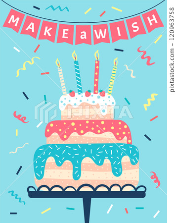 Large three tiered birthday cake decorated with colorful icing, sprinkles, and strawberries, topped with lit candles, sits on a stand beneath pink bunting and falling confetti 120963758