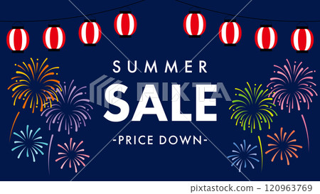 SUMMER SALE Lanterns and fireworks background Summer sale SUMMER SALE Lanterns and fireworks background Summer sale 120963769