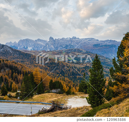 Overcast morning autumn alpine Dolomites mountain scene. Peaceful Valparola Path view, Belluno, Italy. 120963886