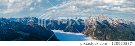 Autumn Alps mountain misty morning view from Jenner Viewing Platform, Schonau am Konigssee, Berchtesgaden national park, Bavaria, Germany. Autumn Alps mountain misty morning view from Jenner Viewing Platform, Schonau am Konigssee, Berchtesgaden national park, Bavaria, Germany. 120963887
