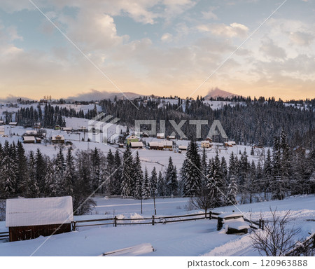 Pre-dawn alpine small quiet village and winter snowy mountains around Pre-dawn alpine small quiet village and winter snowy mountains around 120963888