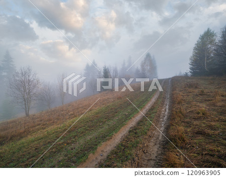 Foggy autumn mountain sunrise scene. Peaceful picturesque traveling, seasonal, nature and countryside beauty concept scene. Foggy autumn mountain sunrise scene. Peaceful picturesque traveling, seasonal, nature and countryside beauty concept scene. 120963905