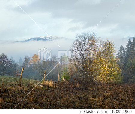 Cloudy and foggy morning late autumn mountains scene. Peaceful picturesque traveling, seasonal, nature and countryside beauty concept scene. Carpathian Mountains, Ukraine. 120963906