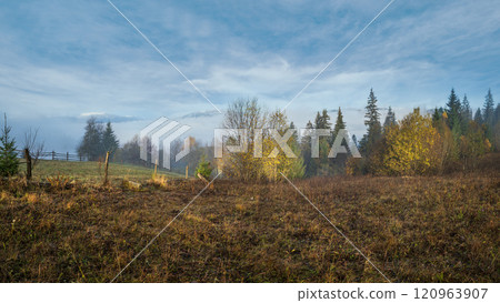 Cloudy and foggy morning late autumn mountains scene. Peaceful picturesque traveling, seasonal, nature and countryside beauty concept scene. Carpathian Mountains, Ukraine. 120963907