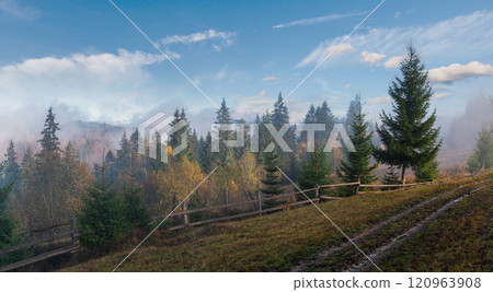 Foggy autumn mountain sunrise scene. Peaceful picturesque traveling, seasonal, nature and countryside beauty concept scene. 120963908