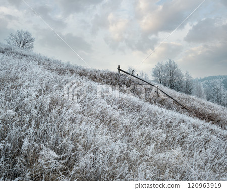 Winter coming. Picturesque pre sunrise scene above late autumn mountain countryside with hoarfrost on grasses, trees, slopes. Peaceful sunlight rays from cloudy sky. Ukraine, Carpathian Mountains. Winter coming. Picturesque pre sunrise scene above late autumn mountain countryside with hoarfrost on grasses, trees, slopes. Peaceful sunlight rays from cloudy sky. Ukraine, Carpathian Mountains. 120963919