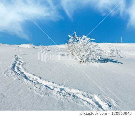 Winter hoar frosting trees,  tower and snowdrifts (Carpathian mountain, Ukraine) 120963943