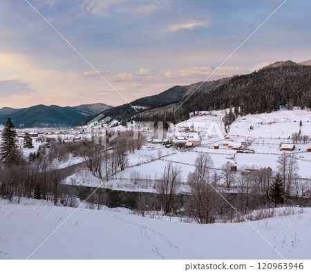 Daybreak winter Carpathian mountain village Zelene, Verkhovyna, Ukraine Daybreak winter Carpathian mountain village Zelene, Verkhovyna, Ukraine 120963946