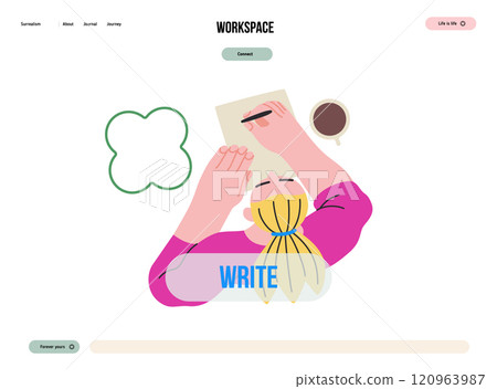 Writing people, modern flat vector concept illustration- sitting woman thoughtfully writing on paper, bubble near head, top view. Metaphor for reflection, insight, contemplation, creative expression 120963987