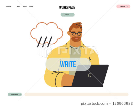 Writing people, modern flat vector concept illustration- sitting man thoughtfully writing on laptop, bubble near head Metaphor for reflection, personal insight, contemplation, creative expression Writing people, modern flat vector concept illustration- sitting man thoughtfully writing on laptop, bubble near head Metaphor for reflection, personal insight, contemplation, creative expression 120963988