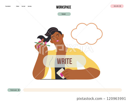 Writing people, modern flat vector concept illustration- sitting woman thoughtfully writing on paper, bubble near head Metaphor for reflection, personal insight, contemplation, creative expression Writing people, modern flat vector concept illustration- sitting woman thoughtfully writing on paper, bubble near head Metaphor for reflection, personal insight, contemplation, creative expression 120963991