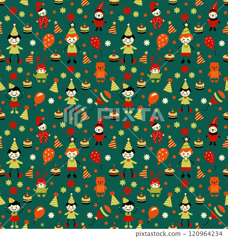 children surrounded by toys, balls and sweets on a green background. seamless pattern 120964234