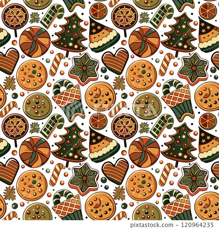 New Year's pattern depicting candies and cookies on a beige backgroundctor illustration New Year's pattern depicting candies and cookies on a beige backgroundctor illustration 120964235