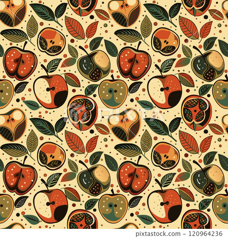 green and red apples on a beige background. pattern green and red apples on a beige background. pattern 120964236