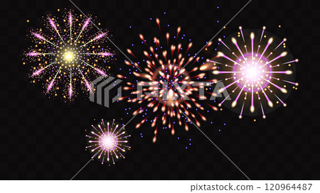 Firework festive color on a transparent background. Mood of celebration and fun. Holiday Wedding Festival Design for Birthday Card Poster advertising. Vector 120964487