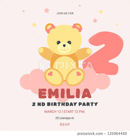 Invitation childrens birthday party with cute bear and number. Celebration 2nd birthday. Greeting card template for children. Vector illustration. Invitation childrens birthday party with cute bear and number. Celebration 2nd birthday. Greeting card template for children. Vector illustration. 120964488