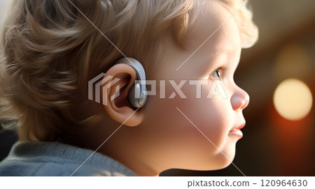 Close-up profile of a Caucasian toddler wearing a hearing aid 120964630