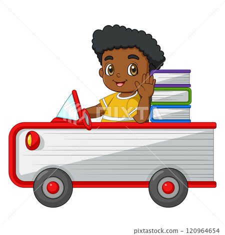 Cartoon boy riding a book car of illustration 120964654