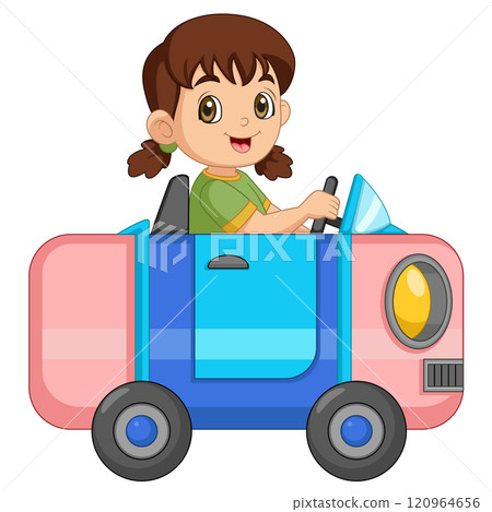 Cartoon girl riding a eraser car of illustration 120964656