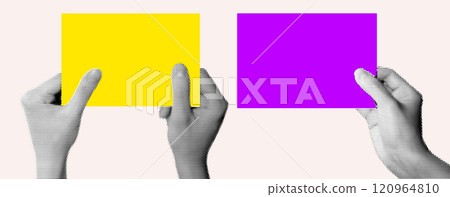 Halftone image of hands holding paper. Pop art retro style illustration Halftone image of hands holding paper. Pop art retro style illustration 120964810