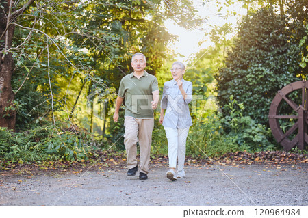 Senior couple doing walking exercises 120964984