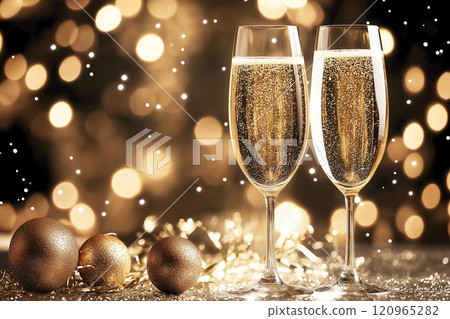 華麗的節日氛圍，配有香檳杯和聖誕裝飾品 4 AI 生成的圖像 120965282