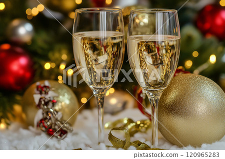 華麗的節日氛圍，配有香檳杯和聖誕裝飾品 5 AI 生成的圖像 120965283