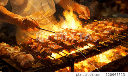 Watercolor illustration of beef skewers being grilled on a grill at a festival stall 120965513