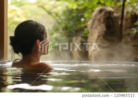 Woman relaxing in an open-air bath surrounded by nature 1 AI-generated image 120965515
