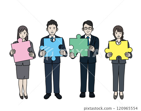 Illustration of a business person holding a jigsaw puzzle Illustration of a business person holding a jigsaw puzzle 120965554