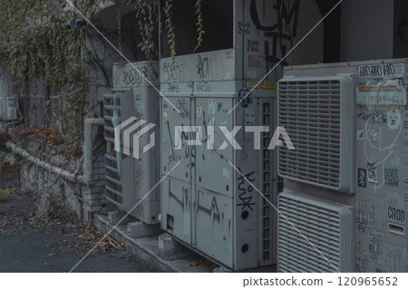 Electrical equipment and air conditioner outdoor units covered in stickers and graffiti 120965652