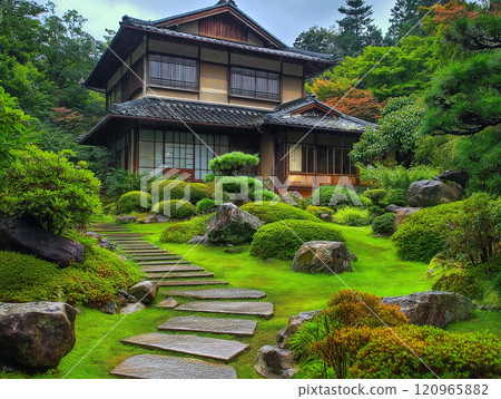 美麗的日本花園與古老民居的和諧：感受日本精神的傳統風景 1 人工智慧生成的圖像 120965882