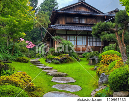 Beautiful Japanese gardens and old houses in harmony: Traditional scenery that evokes the Japanese spirit 2 AI-generated images 120965883