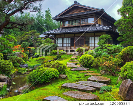 美麗的日本庭園與古老民居的和諧：感受日本精神的傳統風景 3 AI 生成圖像 120965884