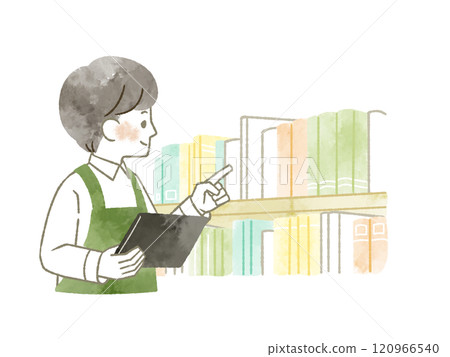 A man wearing an apron inspecting a library - watercolor 120966540