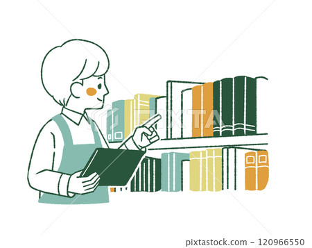 A man wearing an apron inspecting a library - 4 colors A man wearing an apron inspecting a library - 4 colors 120966550