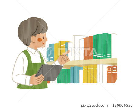 一個穿著圍裙的男人在檢查藏書 - Gash 一個穿著圍裙的男人在檢查藏書 - Gash 120966553