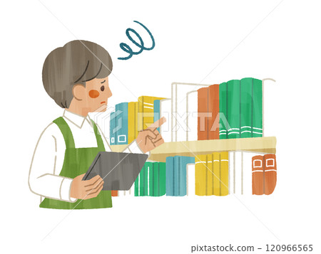 A man wearing an apron inspecting a library with a troubled expression - Gash 120966565