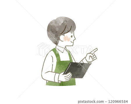 A man wearing an apron pointing and checking - watercolor 120966584