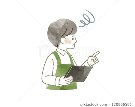 一個穿著圍裙的男人用食指指著，表情困擾 — 水彩 120966595