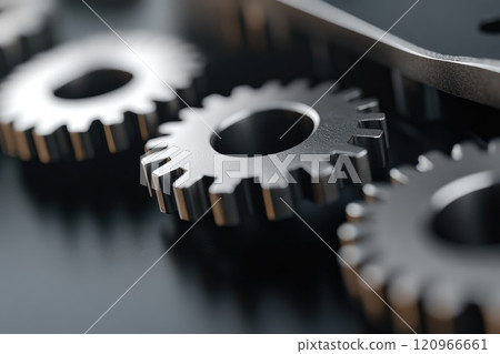 Data Dynamics: Mechanical gears and gear systems visualized through interconnected lines, dots, big data graphics with copy space for impactful banner, presentation. 120966661