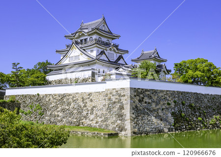 在內護城河閃閃發光的美麗岸和田城天守閣（大阪府岸和田市） 120966676