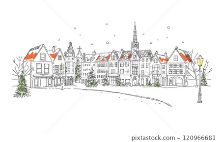 Hand-drawn line drawing illustration of a snowy foreign cityscape 120966681