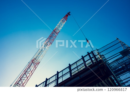 Crane under construction and blue sky Higashimurayama Station Elevation Construction, Tokyo 2024.11 d-3 Warm and cool colors Crane under construction and blue sky Higashimurayama Station Elevation Construction, Tokyo 2024.11 d-3 Warm and cool colors 120966817